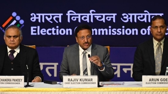 The Election Commission of India (ECI) panel during the press conference on upcoming elections in Nagaland, Meghalaya and Tripura at Akashwani Bhawan in New Delhi, on Wednesday, January 18, 2023. (Photo by Raj K Raj/HT)