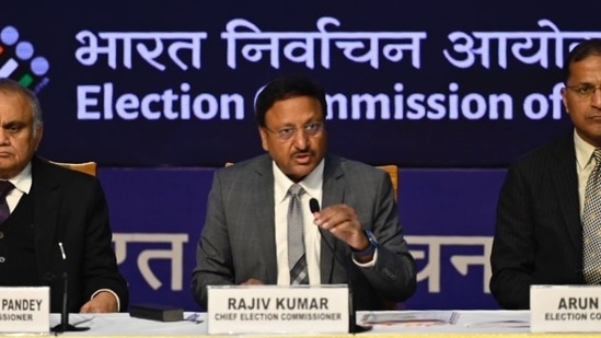 The Election Commission of India (ECI) panel during the press conference on upcoming elections in Nagaland, Meghalaya and Tripura at Akashwani Bhawan in New Delhi, on Wednesday, January 18, 2023. (Photo by Raj K Raj/HT)
