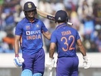 India's Shubhman Gill, left, celebrates with batting partner Ishan Kishan after scoring fifty runs(AP) India's Shubhman Gill, left, celebrates with batting partner Ishan Kishan after scoring fifty runs(AP)