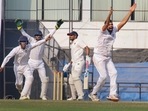 Sarwate marked his 50th first-class match with figures of 15.3-6-17-6 after his 5/64 in the first innings for a match haul of 11/81.(PTI) Sarwate marked his 50th first-class match with figures of 15.3-6-17-6 after his 5/64 in the first innings for a match haul of 11/81.(PTI)