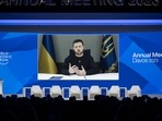 Russia-Ukraine War: Ukrainian President Volodymyr Zelensky is displayed on a screen via video link at the Congress centre during the World Economic Forum (WEF) annual meeting in Davos.(AFP) Russia-Ukraine War: Ukrainian President Volodymyr Zelensky is displayed on a screen via video link at the Congress centre during the World Economic Forum (WEF) annual meeting in Davos.(AFP)