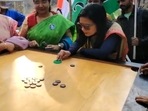 Mahua Moitra playing carrom on Thursday in West Bengal's Chapra 1.(@MahuaMoitra/ Twitter) Mahua Moitra playing carrom on Thursday in West Bengal's Chapra 1.(@MahuaMoitra/ Twitter)