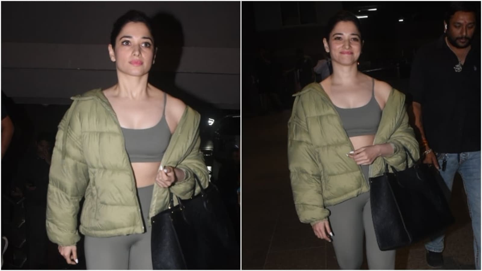 Tamannaah Bhatia’s athleisure style in grey sports bra, tights and puffer jacket shows how to glam up everyday looks