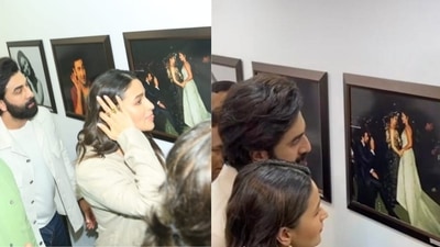 Ranbir Kapoor and Alia Bhatt saw their old photo with Katrina Kaif at an event in Mumbai on Wednesday. Ranbir Kapoor and Alia Bhatt saw their old photo with Katrina Kaif at an event in Mumbai on Wednesday.