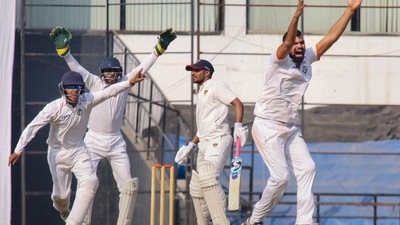 Sarwate marked his 50th first-class match with figures of 15.3-6-17-6 after his 5/64 in the first innings for a match haul of 11/81. (PTI) Sarwate marked his 50th first-class match with figures of 15.3-6-17-6 after his 5/64 in the first innings for a match haul of 11/81. (PTI)
