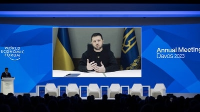 Russia-Ukraine War: Ukrainian President Volodymyr Zelensky is displayed on a screen via video link at the Congress centre during the World Economic Forum (WEF) annual meeting in Davos. (AFP)