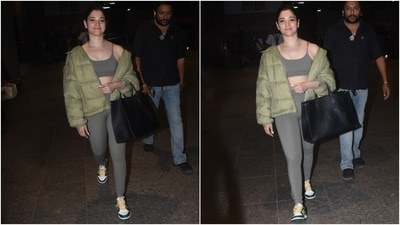 Coming to the outfit details, the grey sports bra features spaghetti straps, a scoop neckline, a fitted bust and a cropped hem length to flaunt her toned midriff. Tamannaah styled the top with matching tights featuring a high-rise waist and a bodycon fit. (HT Photo/Varinder Chawla) Coming to the outfit details, the grey sports bra features spaghetti straps, a scoop neckline, a fitted bust and a cropped hem length to flaunt her toned midriff. Tamannaah styled the top with matching tights featuring a high-rise waist and a bodycon fit. (HT Photo/Varinder Chawla)