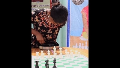 Indian woman named S. Odelia Jasmine arranging the chess pieces for Guinness World Record. (Instagram/@guinnessworldrecords) Indian woman named S. Odelia Jasmine arranging the chess pieces for Guinness World Record. (Instagram/@guinnessworldrecords)