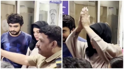Rakhi Sawant joined her hands in a 'Gangubai pose' as she left the police station. Rakhi Sawant joined her hands in a 'Gangubai pose' as she left the police station.