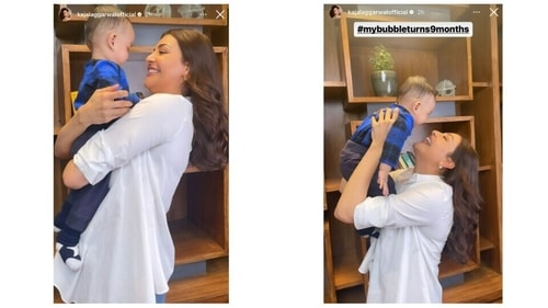 Kajal Aggarwal shared cute pictures with son Neil via Instagram Stories. Kajal Aggarwal shared cute pictures with son Neil via Instagram Stories.