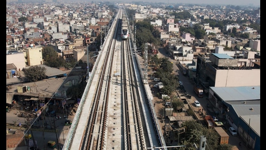 During the high-speed test run, the train was tested without the sand bags that will be used during the later trial runs to simulate passenger load. (HT Photo) During the high-speed test run, the train was tested without the sand bags that will be used during the later trial runs to simulate passenger load. (HT Photo)