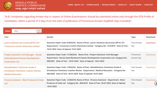 Kerala Public Service Commission JA answer key out at keralapsc.gov.in