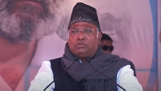 Congress chief Mallikarjun Kharge addressing a public meeting on Thursday in Punjab. 