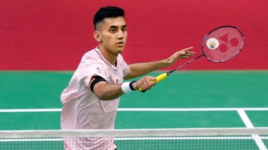 India's Lakshya Sen plays a shot during the men's singles badminton match against Denmark's Rasmus Gemke at the India Open 2023(PTI)