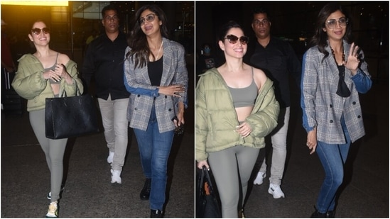 Actor Tamannaah Bhatia was spotted by the paparazzi outside the Mumbai airport today. They even clicked her with Shilpa Shetty and shared the snippets on social media. The two stars were seen sharing a candid moment together.&nbsp;(HT Photo/Varinder Chawla)