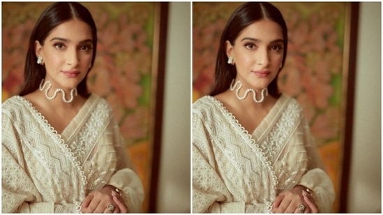 Sonam wore her tresses open in straight locks with a middle part and decked up in pink eyeshadow, black winged eyeliner, mascara-laden eyelashes, contoured cheeks and a shade of pastel pink lipstick. (Instagram/@sonamkapoor)