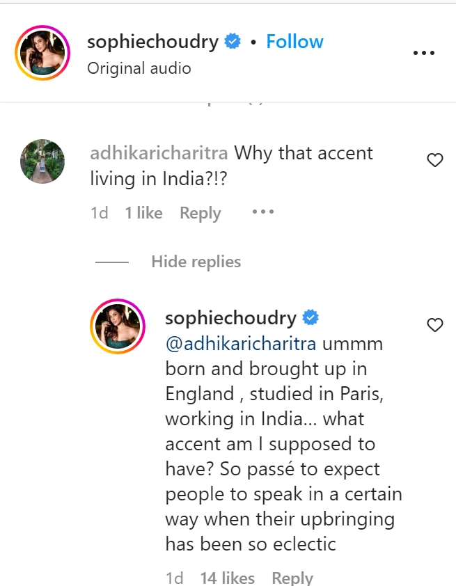 Sophie Choudry replies to troll about her 'accent in India.'