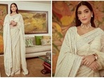 Sonam Kapoor leaves fans enchanted with her dreamy look in an off-white silk net, edged with an intricate pearl border. (Instagram/@sonamkapoor)