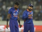 India's Hardik Pandya, left, listens to captain Rohit Sharma before bowling his next delivery during the first one-day international cricket match between India and New Zealand India's Hardik Pandya, left, listens to captain Rohit Sharma before bowling his next delivery during the first one-day international cricket match between India and New Zealand