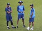 India's captain Rohit Sharma, right, and batting coach Vikram Rathour, center, listen to head coach Rahul Dravid, left, during a training session ahead of the second one-day international cricket match between India and New Zealand in Raipur, India, Friday, Jan. 20, 2023. India's captain Rohit Sharma, right, and batting coach Vikram Rathour, center, listen to head coach Rahul Dravid, left, during a training session ahead of the second one-day international cricket match between India and New Zealand in Raipur, India, Friday, Jan. 20, 2023.