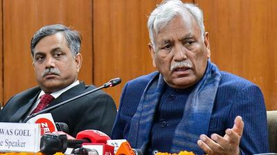Delhi assembly Speaker Ram Niwas Goel addresses a press conference at Vidhan Sabha complex, in New Delhi, on Friday. (PTI)