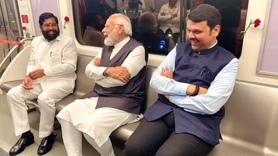 PM Modi travelled on the Metro with  Eknath Shinde and Devendra Fadnavis. (Twitter)