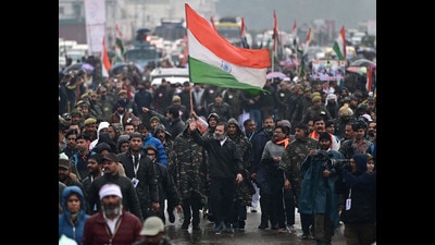 IN LAST LEG: Congress leader Rahul Gandhi during Bharat Jodo Yatra in Kathua. (Waseem Andrabi/HT)