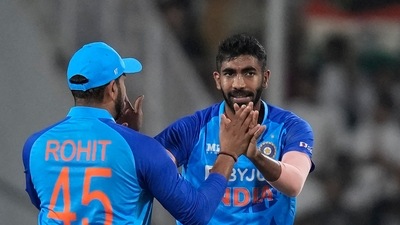 File photo of Jasprit Bumrah and Rohit Sharma (AP) File photo of Jasprit Bumrah and Rohit Sharma (AP)