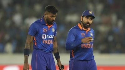 India's Hardik Pandya, left, listens to captain Rohit Sharma before bowling his next delivery during the first one-day international cricket match between India and New Zealand (AP) India's Hardik Pandya, left, listens to captain Rohit Sharma before bowling his next delivery during the first one-day international cricket match between India and New Zealand (AP)