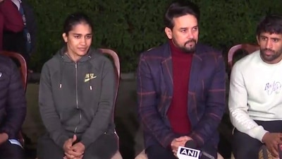 Sports minister Anurag Thakur addressing media after holding a meeting with the protesting wrestlers (ANI) Sports minister Anurag Thakur addressing media after holding a meeting with the protesting wrestlers (ANI)