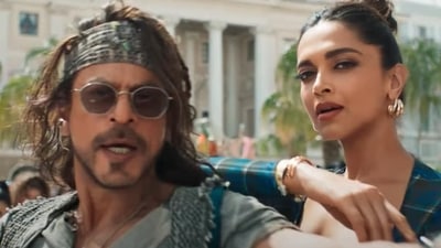 Shah Rukh Khan and Deepika Padukone in a still from Pathaan. Shah Rukh Khan and Deepika Padukone in a still from Pathaan.