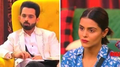 A still from the promo of Bigg Boss 16 featuring Priyanka Choudhary and astrologer Saurish Sharma. A still from the promo of Bigg Boss 16 featuring Priyanka Choudhary and astrologer Saurish Sharma.