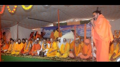 The “Akhil Bharatiya Srinarayani Ramanuja Akhada Parishad” being formed at Magh Mela-2023 on Friday. (HT Photo) The “Akhil Bharatiya Srinarayani Ramanuja Akhada Parishad” being formed at Magh Mela-2023 on Friday. (HT Photo)