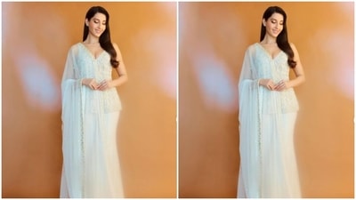  Styled by fashion stylist Aastha Sharma, Nora wore her tresses open in wavy curls with a side part as she posed for the pictures. (Instagram/@norafatehi) Styled by fashion stylist Aastha Sharma, Nora wore her tresses open in wavy curls with a side part as she posed for the pictures. (Instagram/@norafatehi)