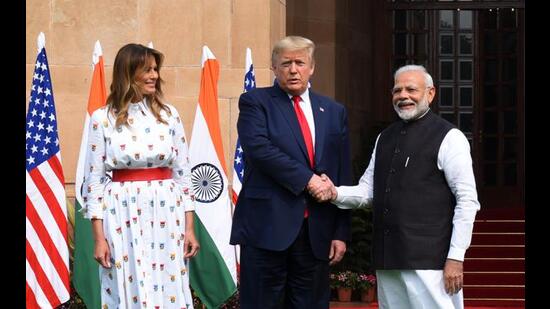 Prime Minister Narendra Modi with US President Donald Trump and First Lady Melania Trump, at Hyderabad House in New Delhi on February 25, 2020. (Mohd Zakir/HT PHOTO)
