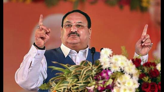 BJP president JP Nadda addresses a public meeting in Ghazipur on Friday. (PTI Photo)