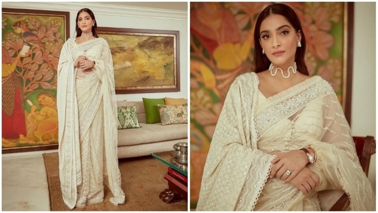 Sonam Kapoor leaves fans enchanted with her dreamy look in an off-white silk net, edged with an intricate pearl border. (Instagram/@sonamkapoor)