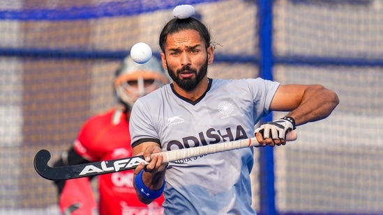 Bhubaneswar: India's Akashdeep Singh during a practice session ahead of the match against Wales at the FIH Odisha Hockey Men's World Cup 2023, at Kalinga Hockey Stadium in Bhubaneswar, Tuesday, Jan. 17, 2023. (PTI Photo/Shailendra Bhojak) (PTI01_17_2023_000252B)(PTI)