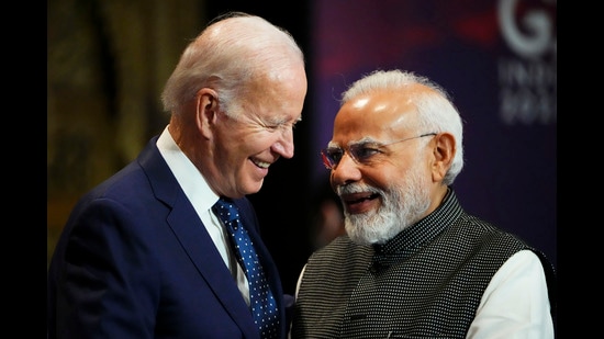 Prime Minister Narendra Modi and US President Joe Biden at the first working session of the G20 leaders summit in Nusa Dua, Bali, Indonesia on November 15, 2022. (Sean Kilpatrick/The Canadian Press via AP)