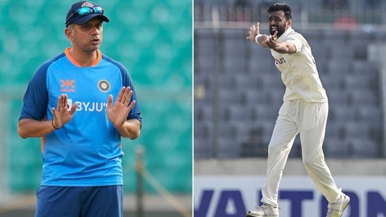 Jaydev Unadkat (R) shared a special chat with Rahul Dravid before the Bangladesh Test(AP/Getty)