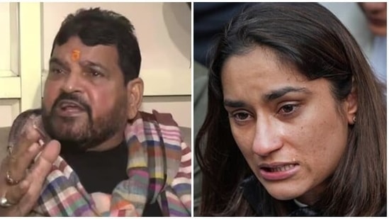 Wrestling Federation of India president Brij Bhushan Sharan Sharma and India's top wrestler Vinesh Phogat.(ANI/PTI)