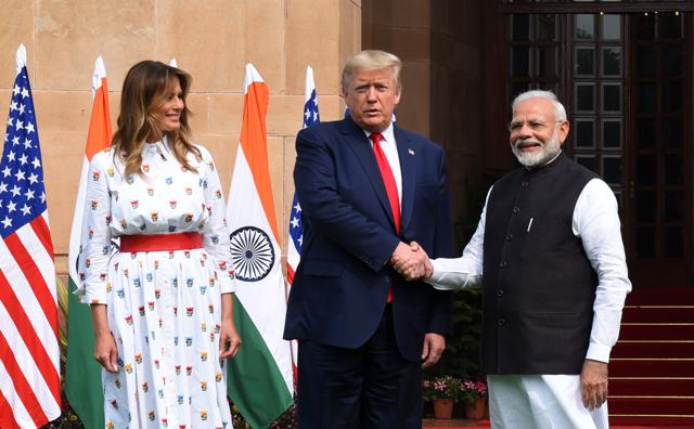 Prime Minister Narendra Modi with US President Donald Trump and First Lady Melania Trump, at Hyderabad House in New Delhi on February 25, 2020. (Mohd Zakir/HT PHOTO) Prime Minister Narendra Modi with US President Donald Trump and First Lady Melania Trump, at Hyderabad House in New Delhi on February 25, 2020. (Mohd Zakir/HT PHOTO)