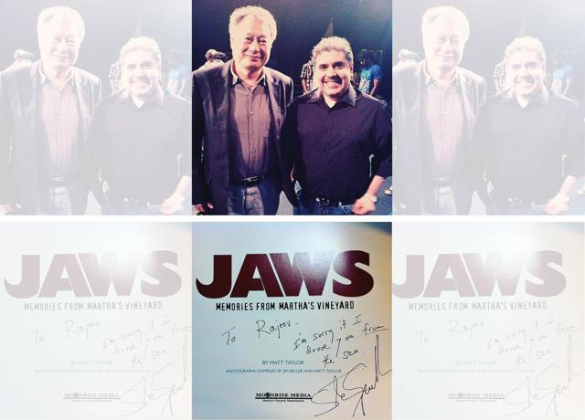 Director Steven Spielberg signing a copy of the book Jaws: Memories from Martha’s Vineyard in 2013 Director Steven Spielberg signing a copy of the book Jaws: Memories from Martha’s Vineyard in 2013