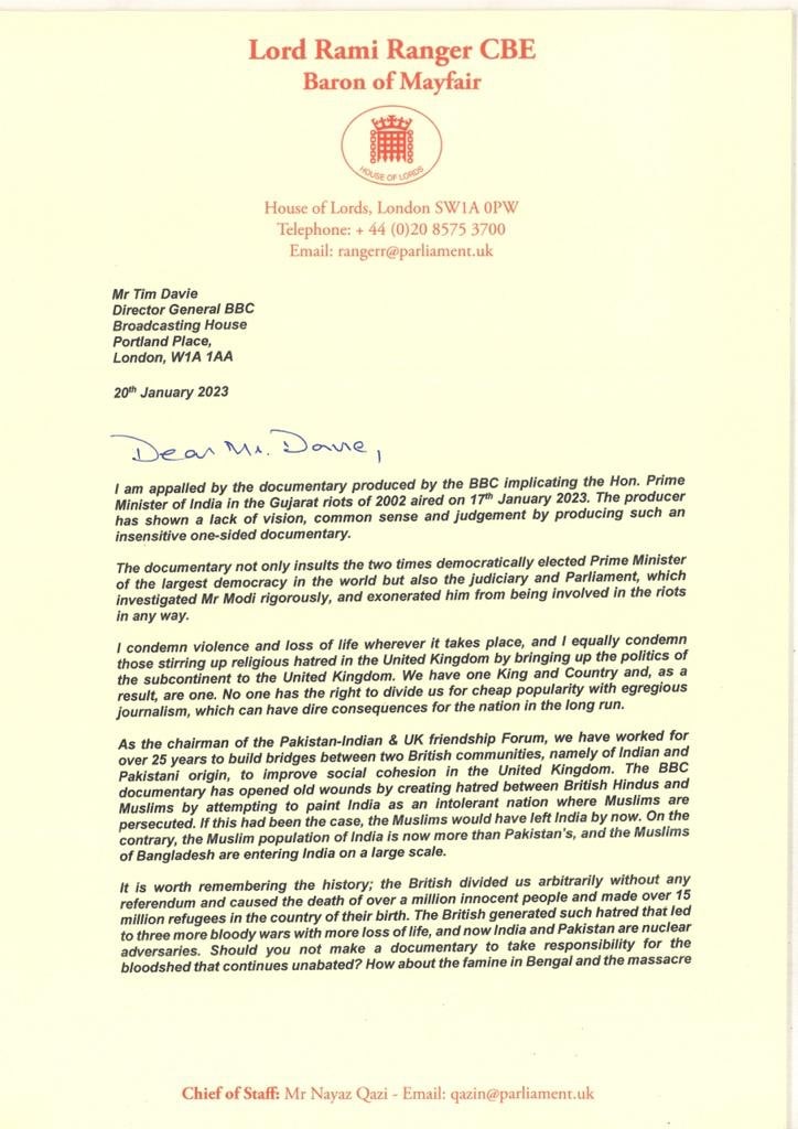 Lord Rami Ranger wrote a letter to BBC director general Tim Davie.