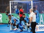 With cleats, shin, knee and mouth guards, gloves, groin cups and masks, runners now have the confidence to rush towards the drag-flickers(Hockey India Twitter) With cleats, shin, knee and mouth guards, gloves, groin cups and masks, runners now have the confidence to rush towards the drag-flickers(Hockey India Twitter)
