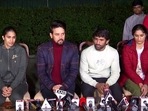 Union Minister of Sports and Youth Affairs Anurag Thakur along with wrestlers Bajrang Punia, Vinesh Phogat, Sakshee Malikkh and Babita Phogat addresses a joint press conference regarding the wrestlers' protest against the Wrestling Federation of India (WFI) and its chief Brij Bhushan Sharan Singh against whom sexual harassment allegations were made, at his residence, in New Delhi on Friday. (ANI Photo)(ANI) Union Minister of Sports and Youth Affairs Anurag Thakur along with wrestlers Bajrang Punia, Vinesh Phogat, Sakshee Malikkh and Babita Phogat addresses a joint press conference regarding the wrestlers' protest against the Wrestling Federation of India (WFI) and its chief Brij Bhushan Sharan Singh against whom sexual harassment allegations were made, at his residence, in New Delhi on Friday. (ANI Photo)(ANI)