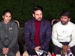 Union Minister of Sports and Youth Affairs Anurag Thakur along with wrestlers Bajrang Punia, Vinesh Phogat, Sakshee Malikkh and Babita Phogat addresses a joint press conference regarding the wrestlers' protest against the Wrestling Federation of India (WFI) and its chief Brij Bhushan Sharan Singh against whom sexual harassment allegations were made, at his residence, in New Delhi on Friday. (ANI Photo)(ANI) Union Minister of Sports and Youth Affairs Anurag Thakur along with wrestlers Bajrang Punia, Vinesh Phogat, Sakshee Malikkh and Babita Phogat addresses a joint press conference regarding the wrestlers' protest against the Wrestling Federation of India (WFI) and its chief Brij Bhushan Sharan Singh against whom sexual harassment allegations were made, at his residence, in New Delhi on Friday. (ANI Photo)(ANI)