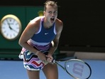 Aryna Sabalenka of Belarus reacts during her third round match against Elise Mertens of Belgium at the Australian Open tennis championship in Melbourne, Australia, Saturday, Jan. 21, 2023. (AP) Aryna Sabalenka of Belarus reacts during her third round match against Elise Mertens of Belgium at the Australian Open tennis championship in Melbourne, Australia, Saturday, Jan. 21, 2023. (AP)