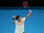Ben Shelton of the U.S. celebrates winning his third round match against Australia's Alexei Popyrin.
