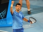 Novak Djokovic celebrates winning his third round match against Grigor Dimitrov.